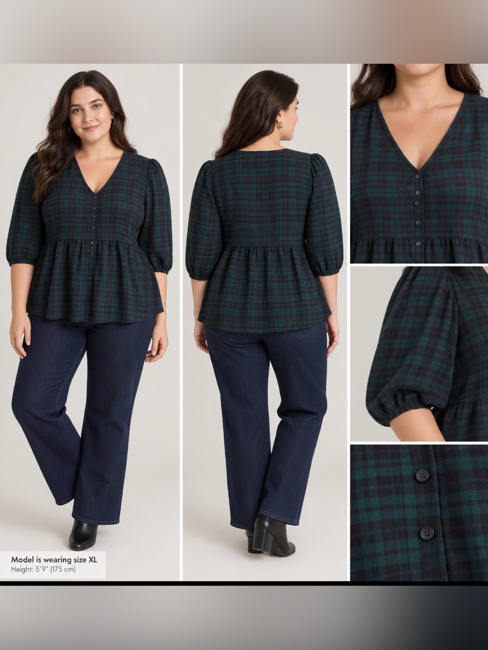 torrid Green Plaid V-Neck Peplum Button-Front Top